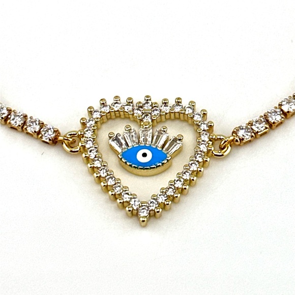 18K Gold Plated over Stainless Steel Adjusatble Slider Evil Eye & Heart Bracelet - Picture 3 of 5